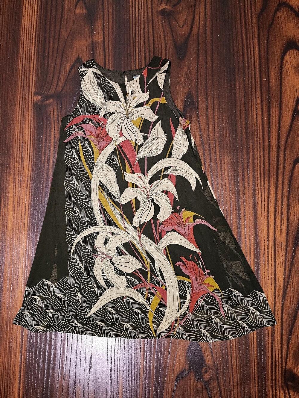 GABBY SKYE Black A-Line Dress with White, Pink and Yellow Floral Print. Size 14.